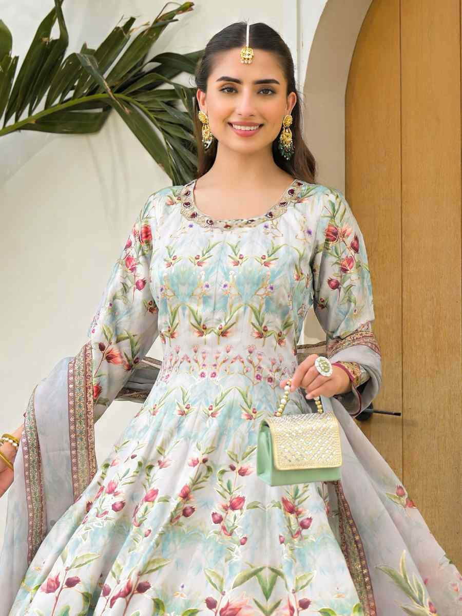 Sky Blue Jam Silk Embroidery Printed Party Wedding Festival Casual Ready Anarkali Palazzo Pant Salwar Kameez