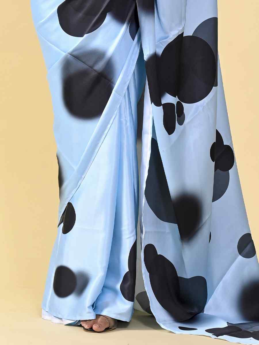 Sky Blue Japan Satin Silk Printed Casual Party Contemporary Saree