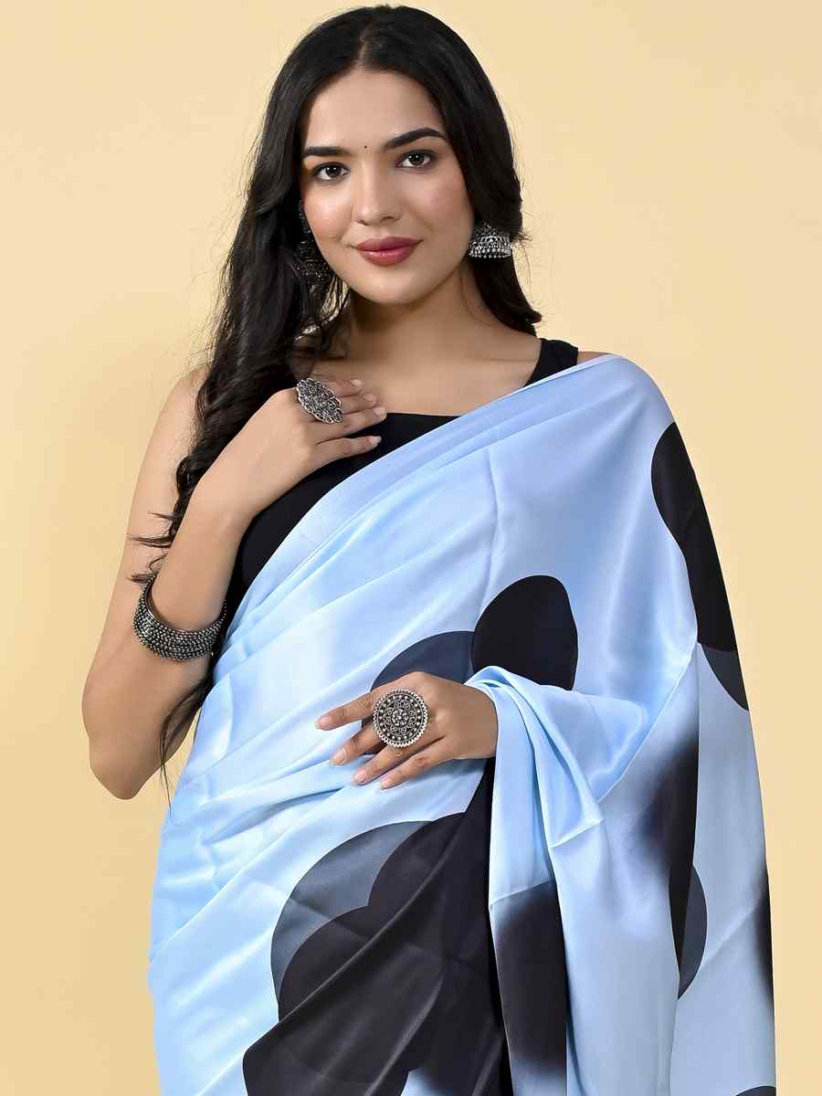 Sky Blue Japan Satin Silk Printed Casual Party Contemporary Saree