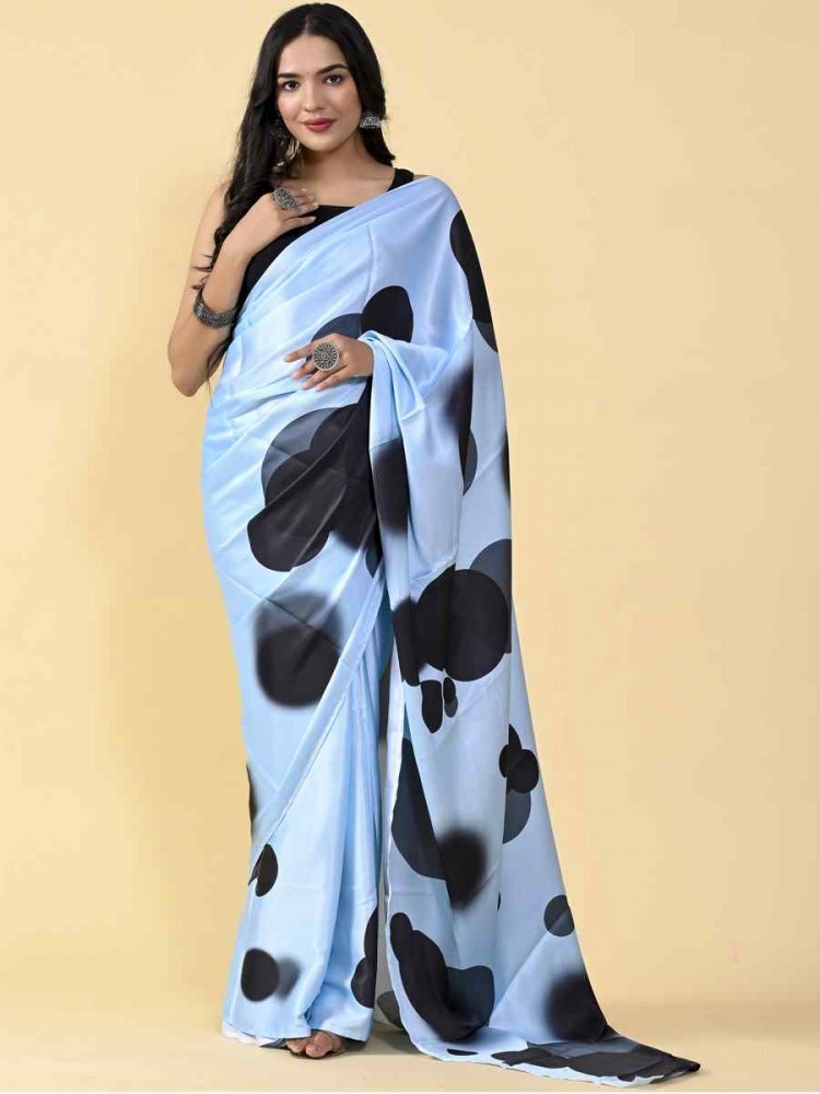 Sky Blue Japan Satin Silk Printed Casual Party Contemporary Saree