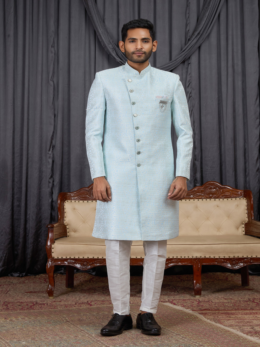 Sky blue Jaquard fabric Embroidery Wedding Party Festival Groom Sherwani