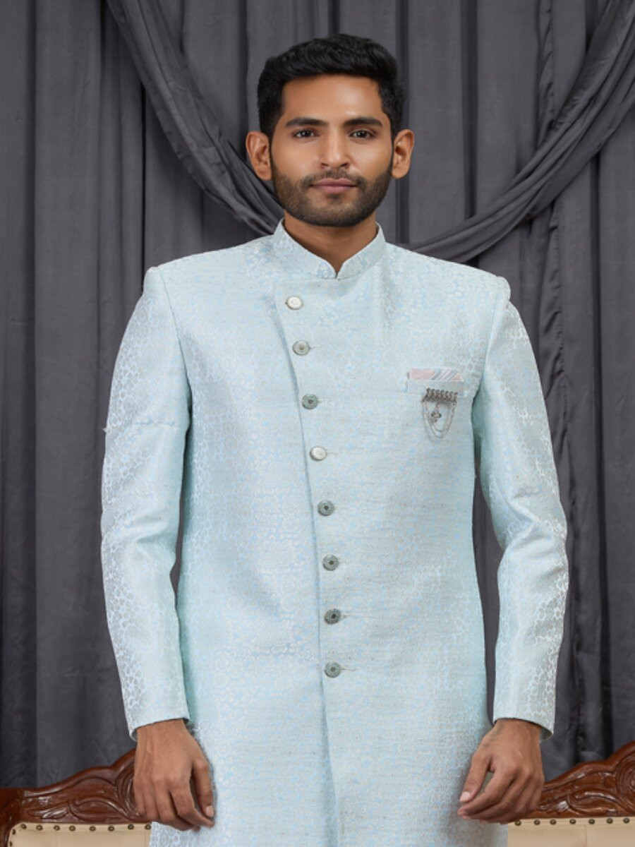 Sky blue Jaquard fabric Embroidery Wedding Party Festival Groom Sherwani