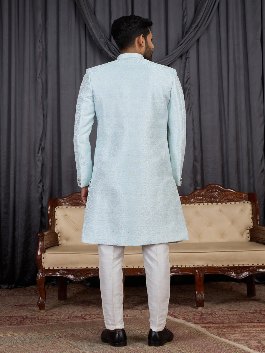 Sky blue Jaquard fabric Embroidery Wedding Party Festival Groom Sherwani