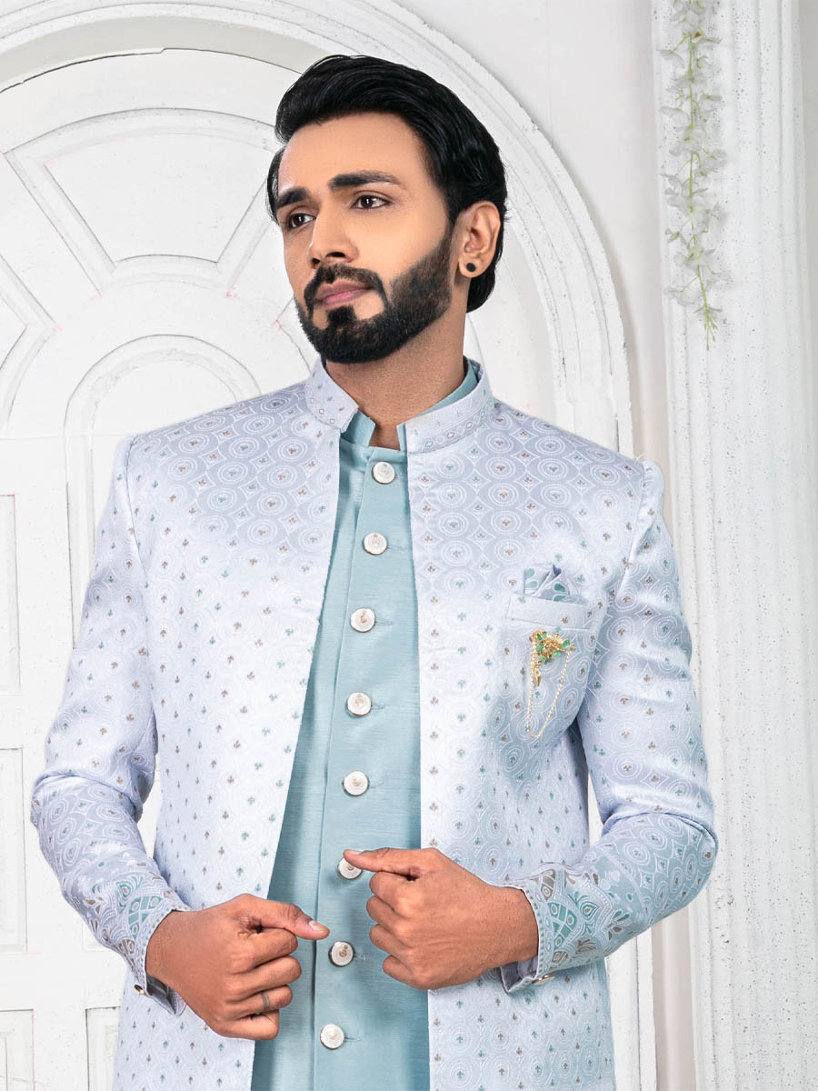 Sky Blue Jecquard Embroidered Wedding Groom Sherwani