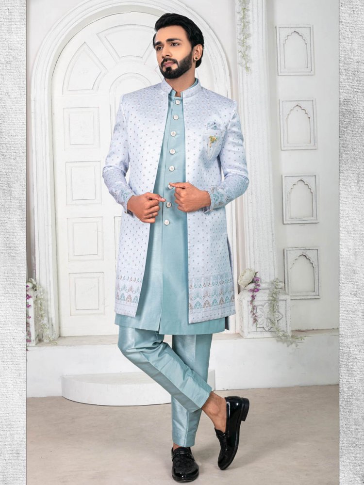 Sky Blue Jecquard Embroidered Wedding Groom Sherwani