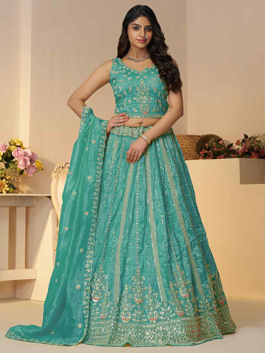 Sky Blue Jimmy choo Embroidered Wedding Bridesmaid Heavy Border Lehenga Choli