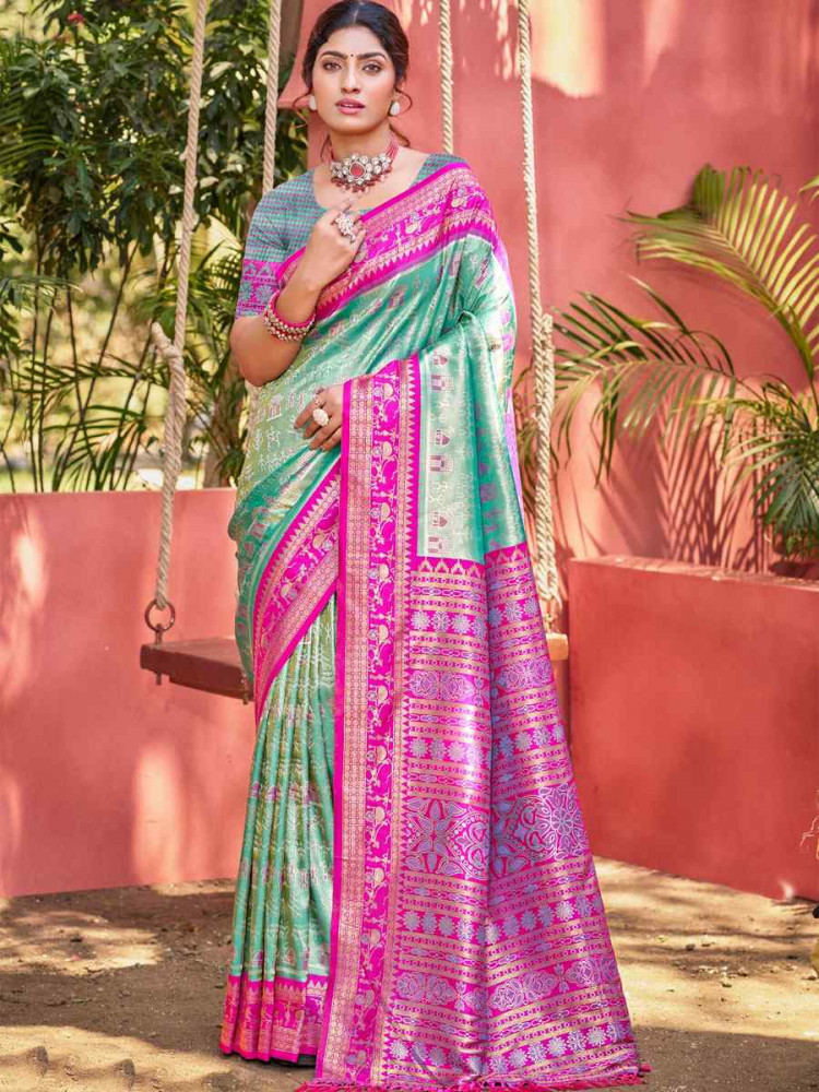 Image of Sky Blue Kanjivaram Silk Printed Handwoven Festival Wedding Fancy Heavy Border Saree