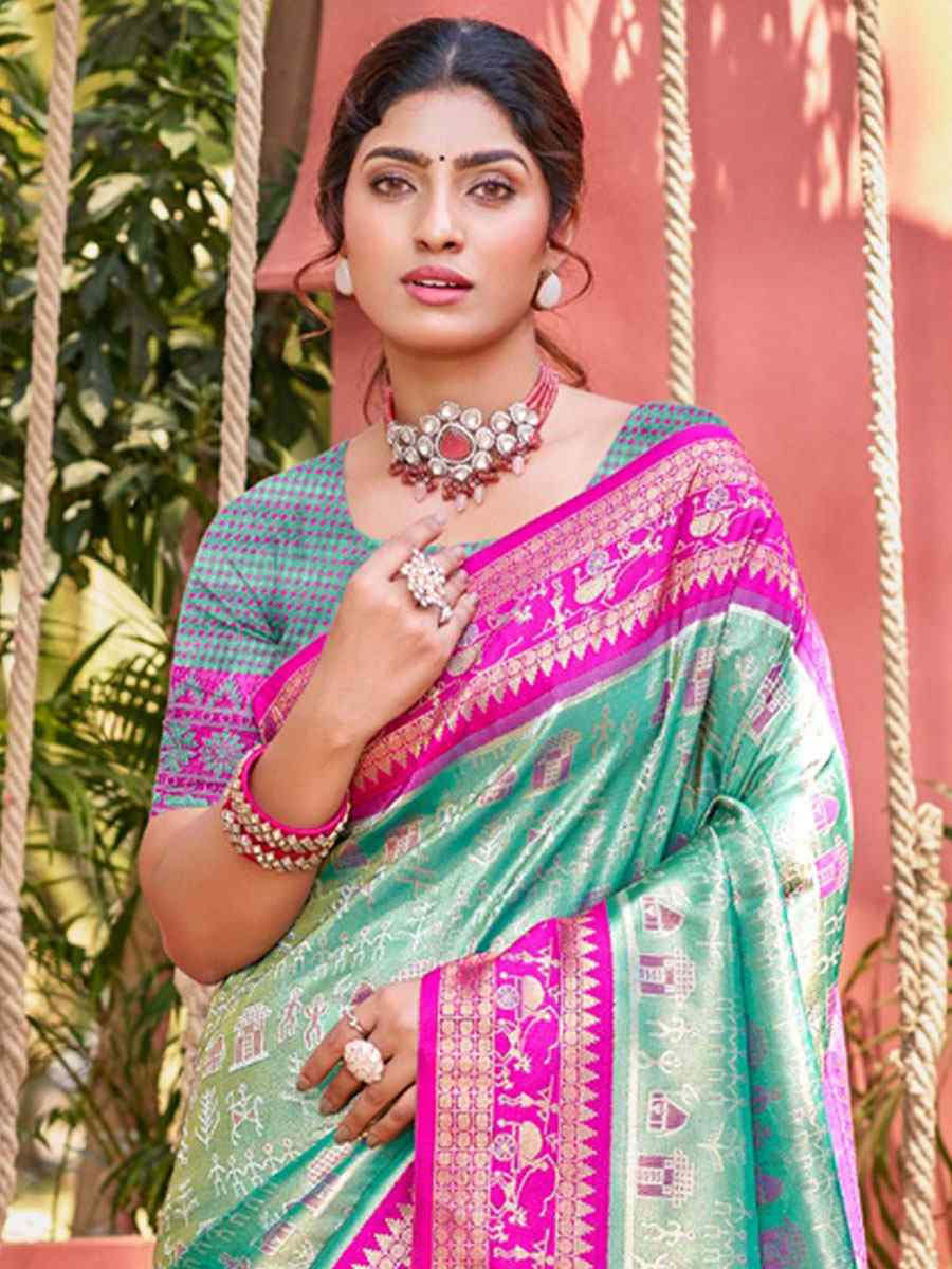 Sky Blue Kanjivaram Silk Printed Handwoven Festival Wedding Fancy Heavy Border Saree