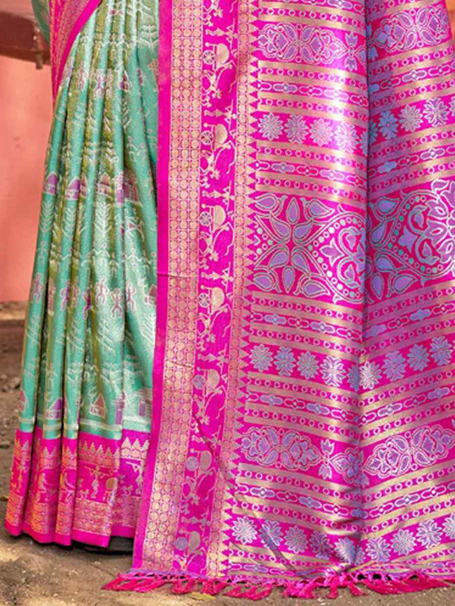Sky Blue Kanjivaram Silk Printed Handwoven Festival Wedding Fancy Heavy Border Saree