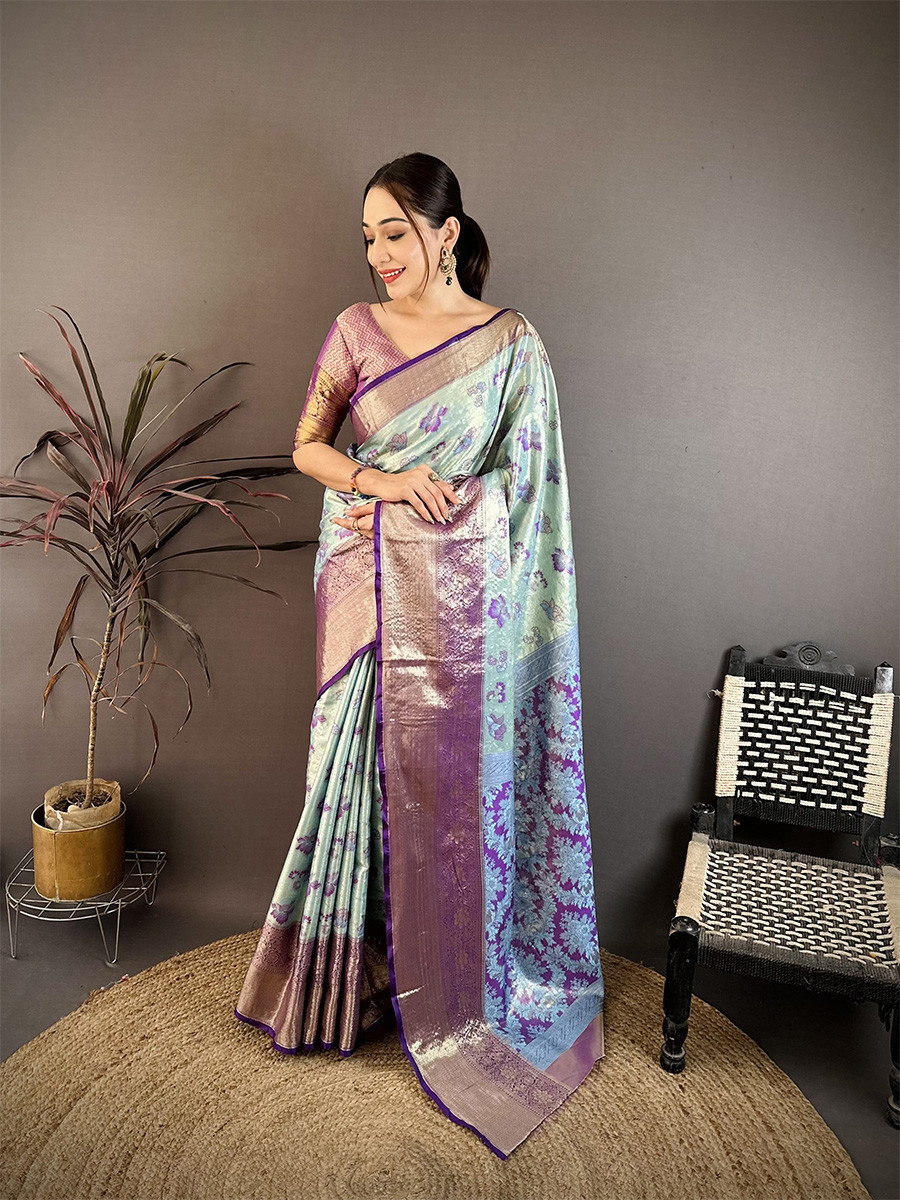 Sky Blue Kanjivaram Silk Zari Weaving Wedding Reception Party Festival Casual Heavy Border Sarees