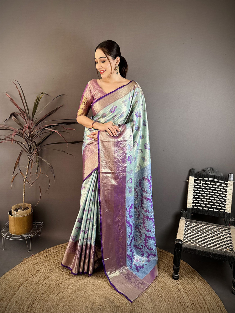 Image of Sky Blue Kanjivaram Silk Zari Weaving Wedding Reception Party Festival Casual Heavy Border Sarees