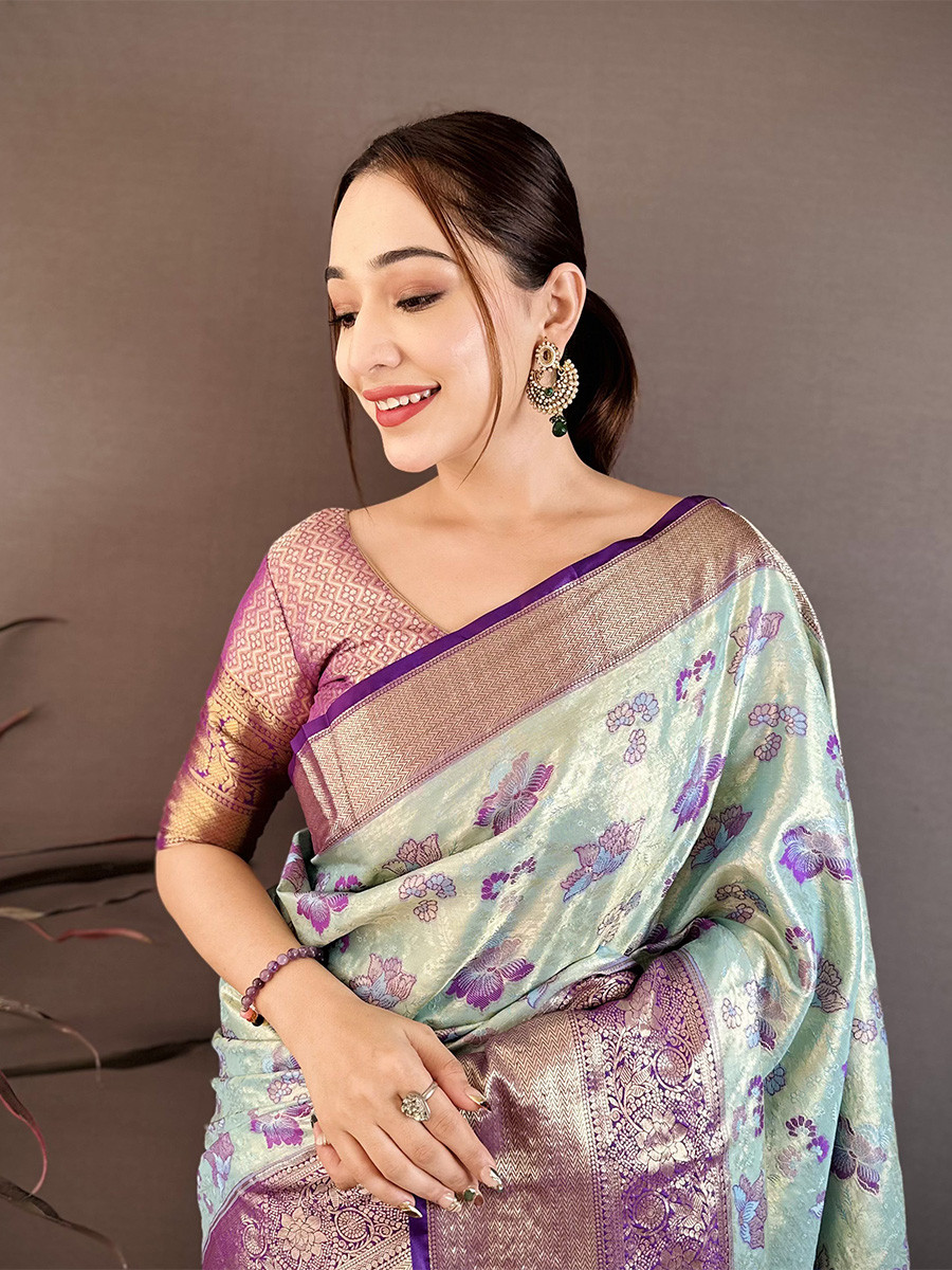 Sky Blue Kanjivaram Silk Zari Weaving Wedding Reception Party Festival Casual Heavy Border Sarees