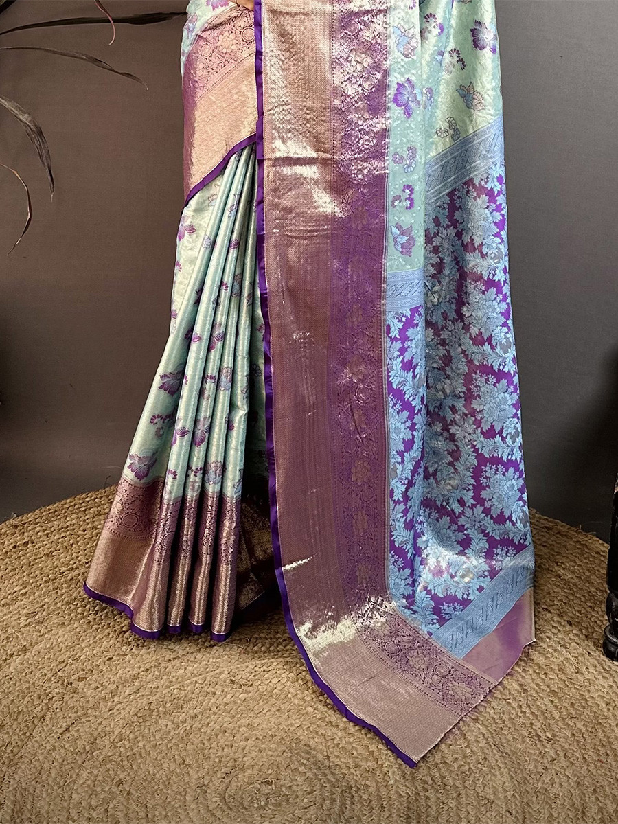 Sky Blue Kanjivaram Silk Zari Weaving Wedding Reception Party Festival Casual Heavy Border Sarees