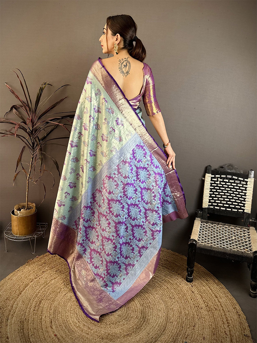 Sky Blue Kanjivaram Silk Zari Weaving Wedding Reception Party Festival Casual Heavy Border Sarees
