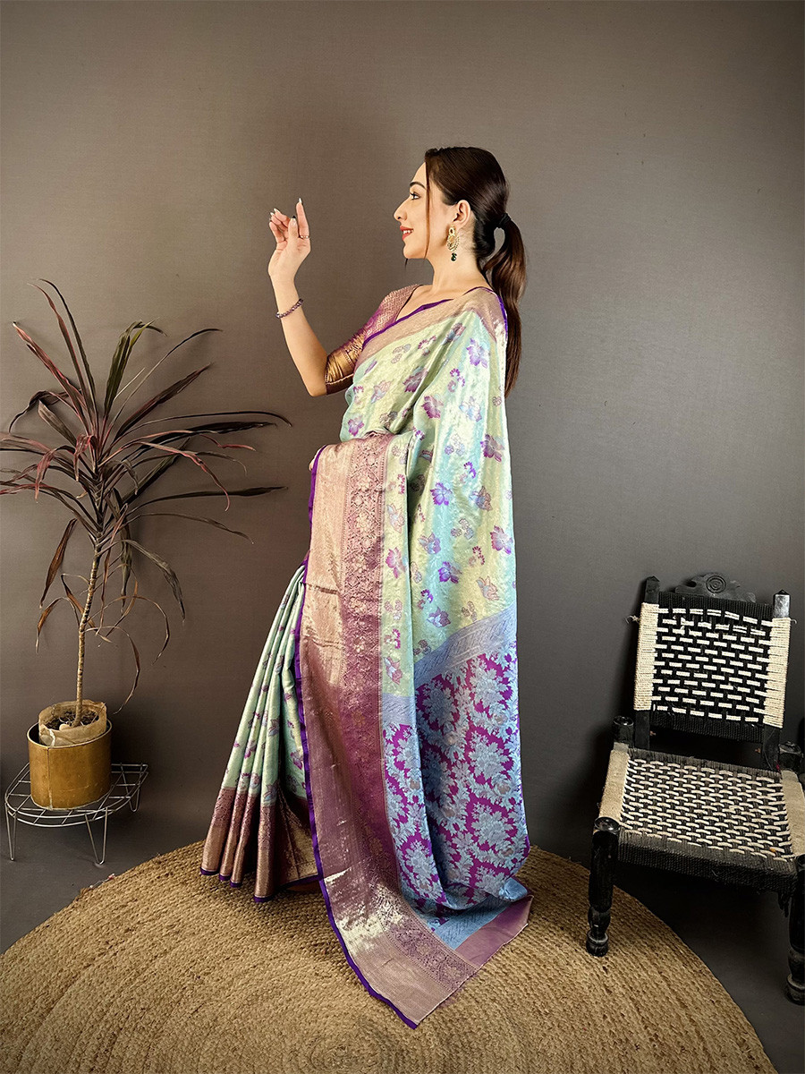 Sky Blue Kanjivaram Silk Zari Weaving Wedding Reception Party Festival Casual Heavy Border Sarees