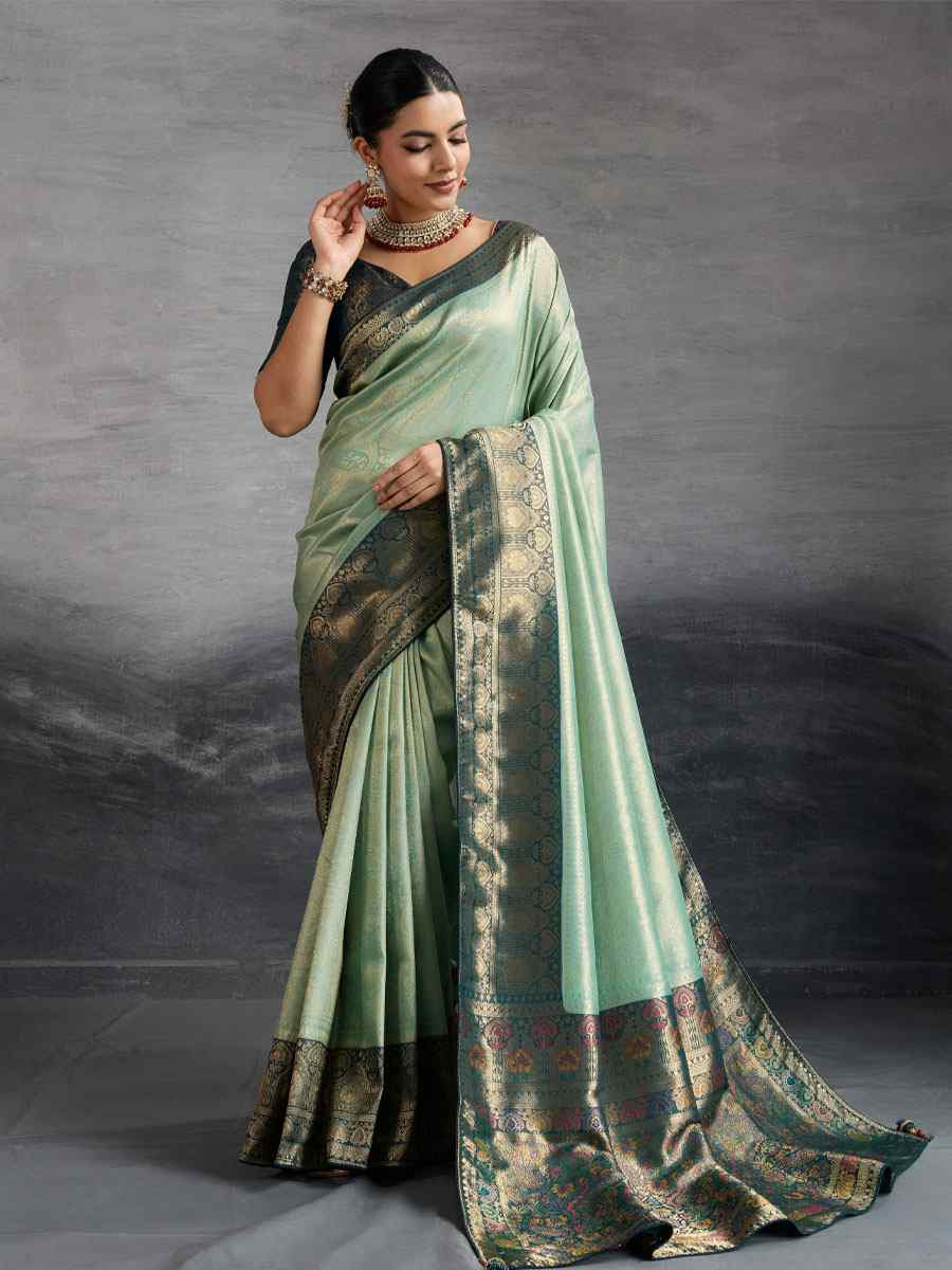 Sky Blue Kanjivaram Soft Silk Handwoven Traditional Bridal Reception Festival Wedding Fancy Heavy Border Saree