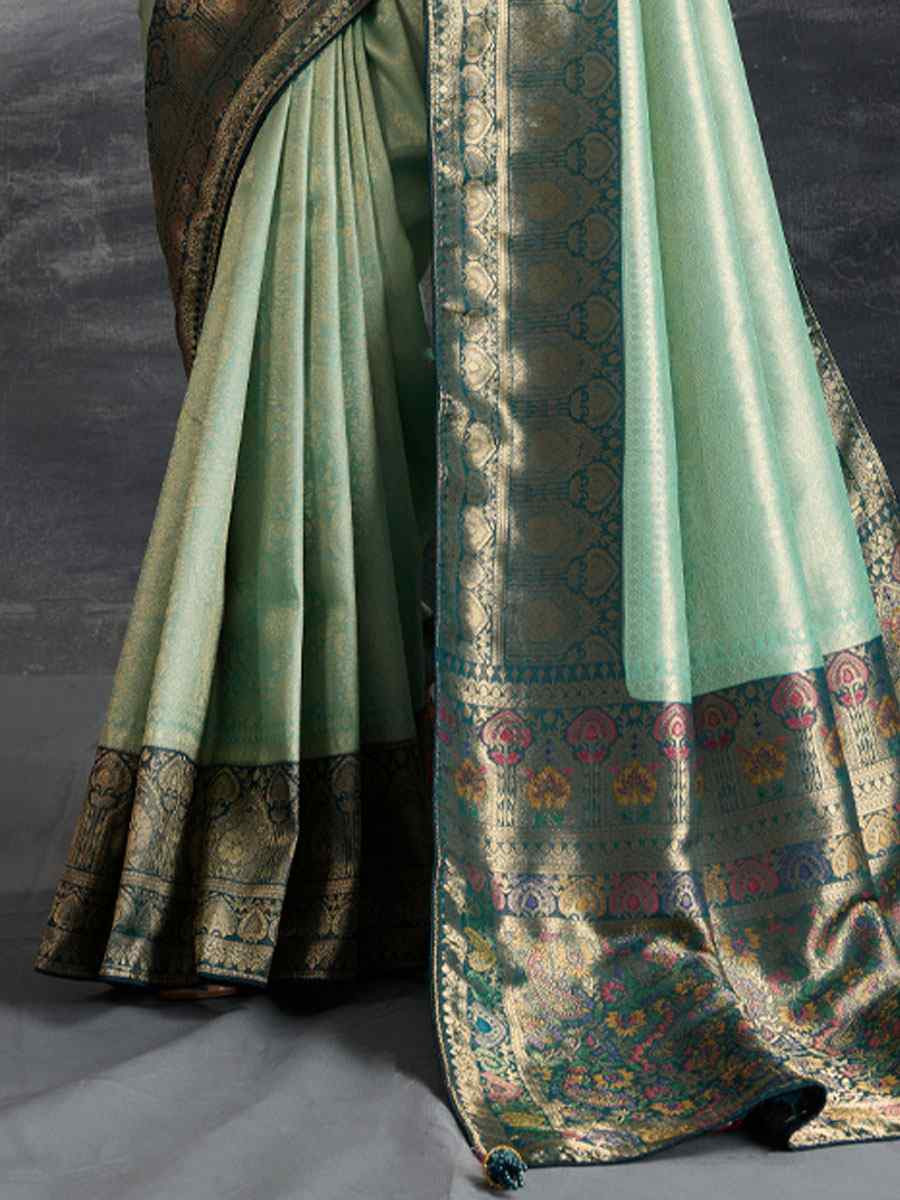 Sky Blue Kanjivaram Soft Silk Handwoven Traditional Bridal Reception Festival Wedding Fancy Heavy Border Saree