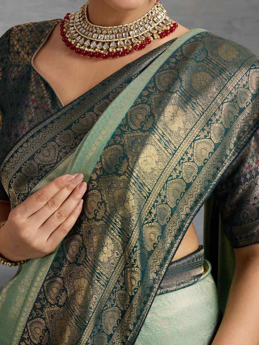 Sky Blue Kanjivaram Soft Silk Handwoven Traditional Bridal Reception Festival Wedding Fancy Heavy Border Saree