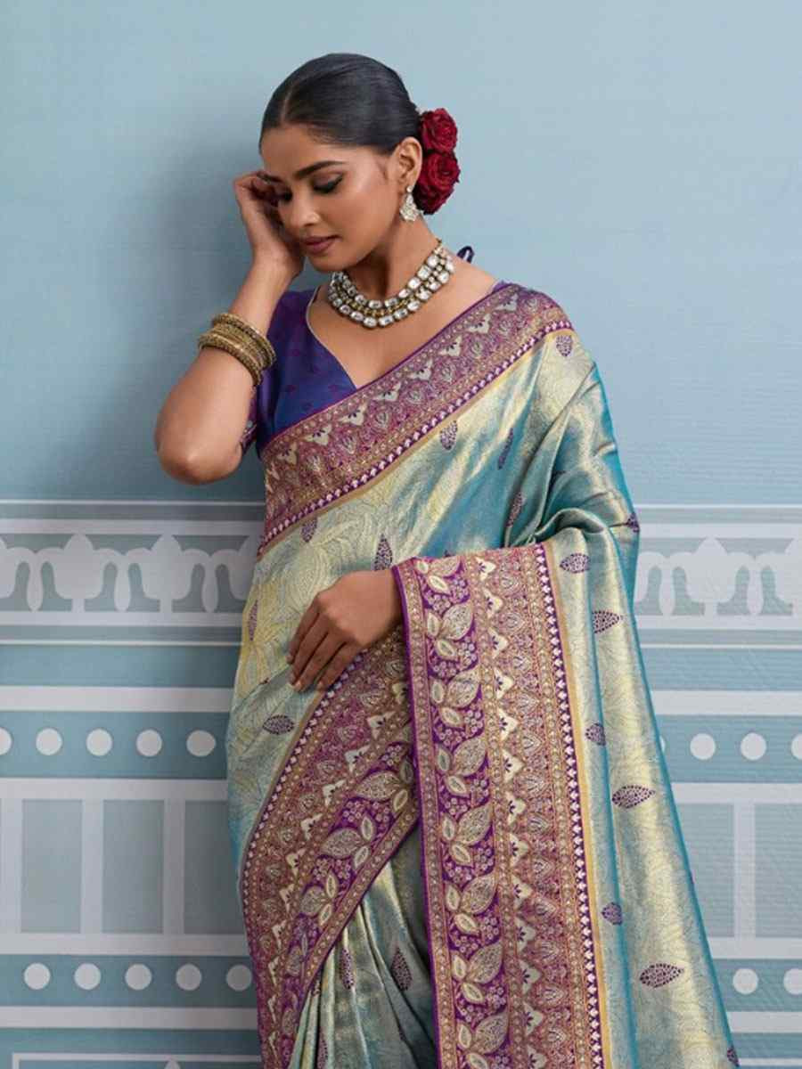 Sky Blue Kanjivaram Soft Silk Kanjivaram Traditional Casual Reception Festival Wedding Fancy Heavy Border Saree