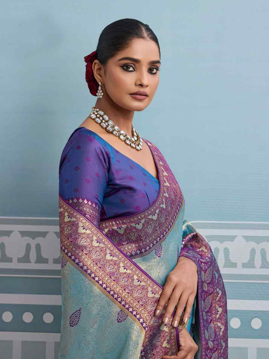 Sky Blue Kanjivaram Soft Silk Kanjivaram Traditional Casual Reception Festival Wedding Fancy Heavy Border Saree