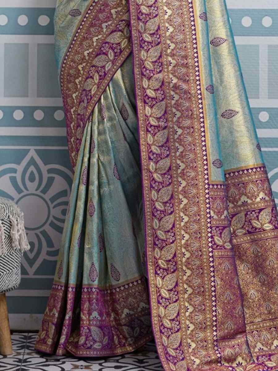 Sky Blue Kanjivaram Soft Silk Kanjivaram Traditional Casual Reception Festival Wedding Fancy Heavy Border Saree