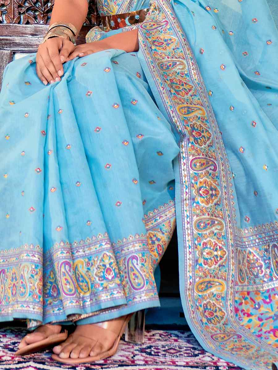 Sky Blue Kashmiri Silk Handwoven Wedding Festival Heavy Border Saree