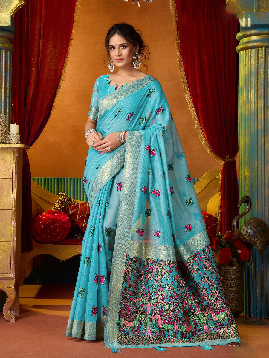 Sky Blue Khadi Cotton Katha Work Modal Wedding Reception Party Festival Casual Heavy Border Sarees