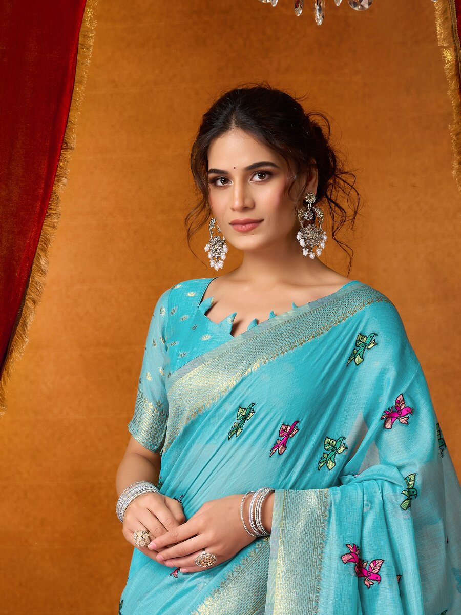 Sky Blue Khadi Cotton Katha Work Modal Wedding Reception Party Festival Casual Heavy Border Sarees