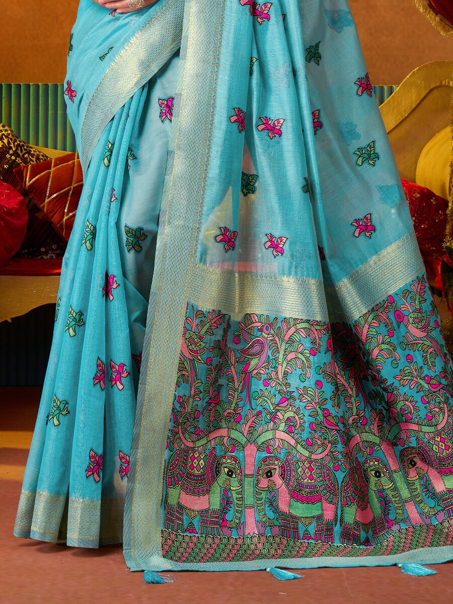 Sky Blue Khadi Cotton Katha Work Modal Wedding Reception Party Festival Casual Heavy Border Sarees