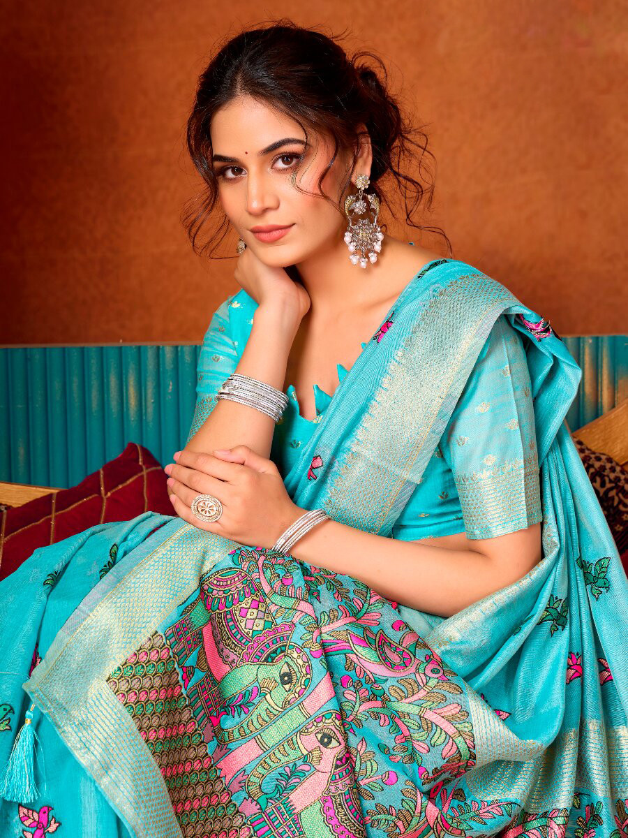 Sky Blue Khadi Cotton Katha Work Modal Wedding Reception Party Festival Casual Heavy Border Sarees