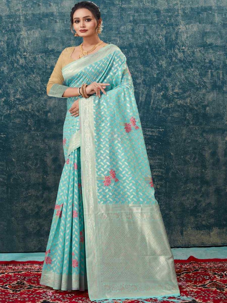 Sky Blue Kota Cotton Handwoven Wedding Festival Heavy Border Saree