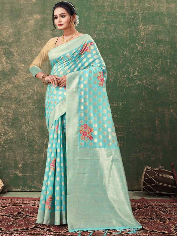Sky Blue Kota Cotton Handwoven Wedding Festival Heavy Border Saree