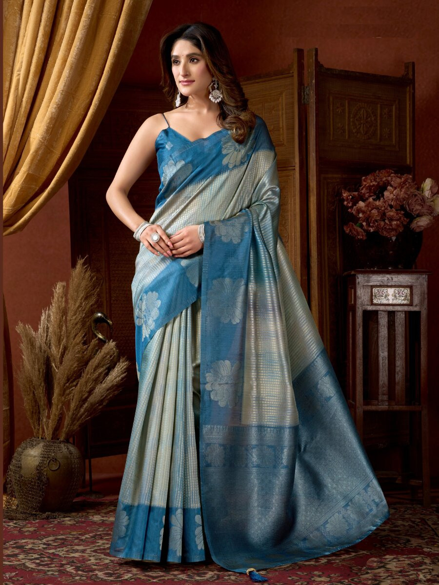 Sky Blue Kota Silk Handwoven Wedding Reception Party Casual Heavy Border Sarees