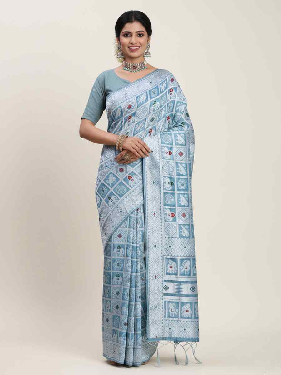 Sky Blue Linen Cotton Handwoven Bridal Reception Festival Wedding Fancy Heavy Border Saree