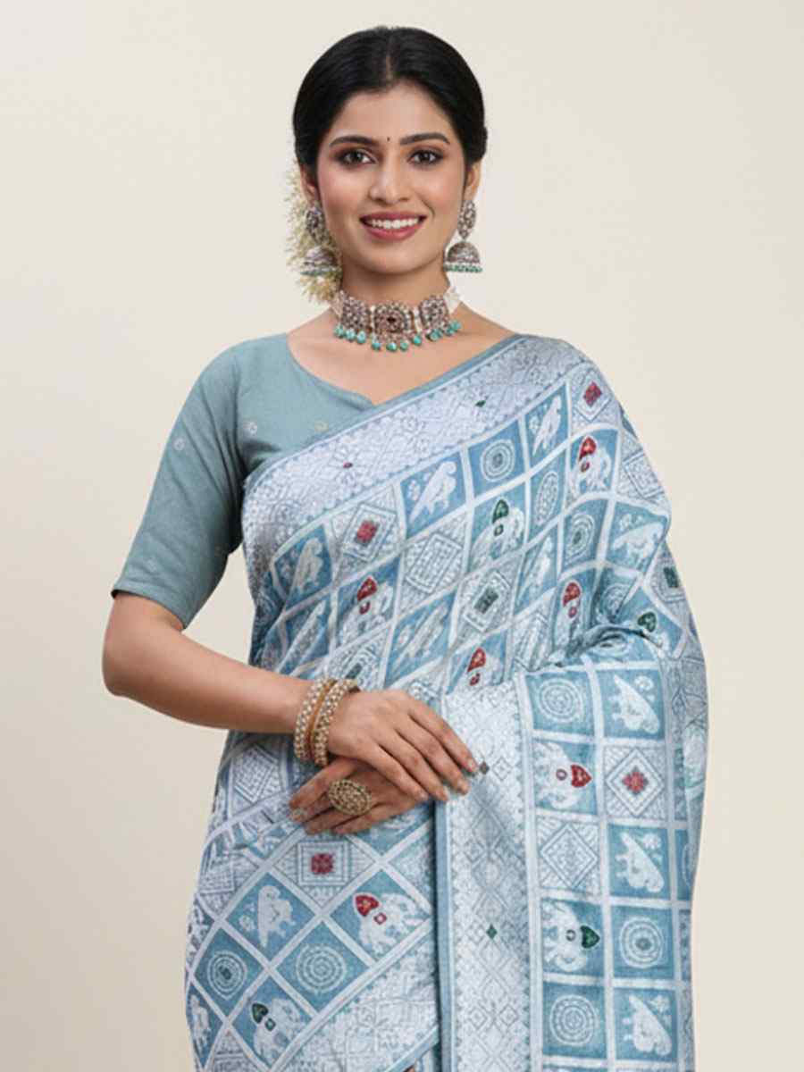 Sky Blue Linen Cotton Handwoven Bridal Reception Festival Wedding Fancy Heavy Border Saree