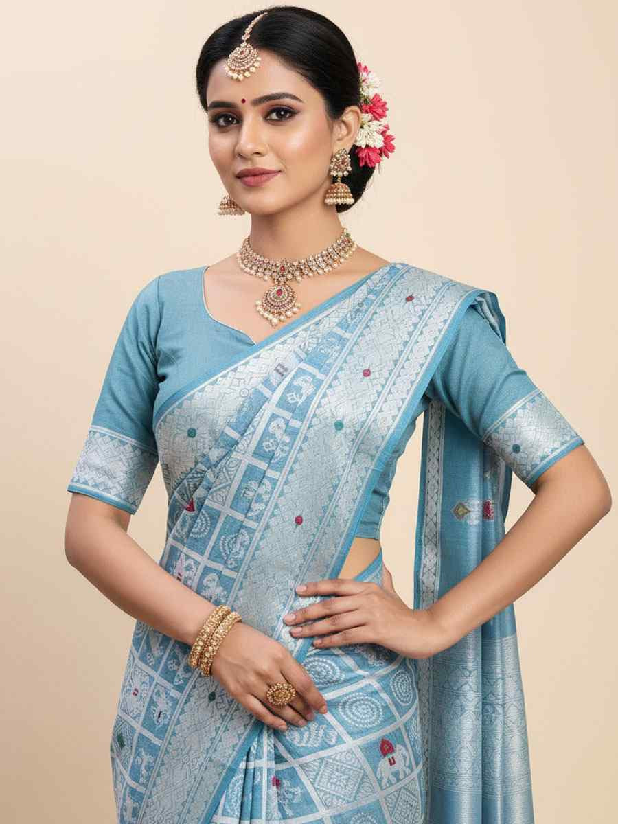 Sky Blue Linen Cotton Handwoven Bridal Reception Festival Wedding Fancy Heavy Border Saree