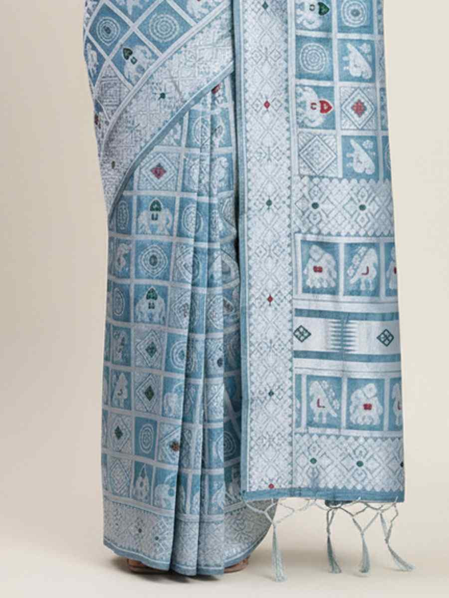 Sky Blue Linen Cotton Handwoven Bridal Reception Festival Wedding Fancy Heavy Border Saree