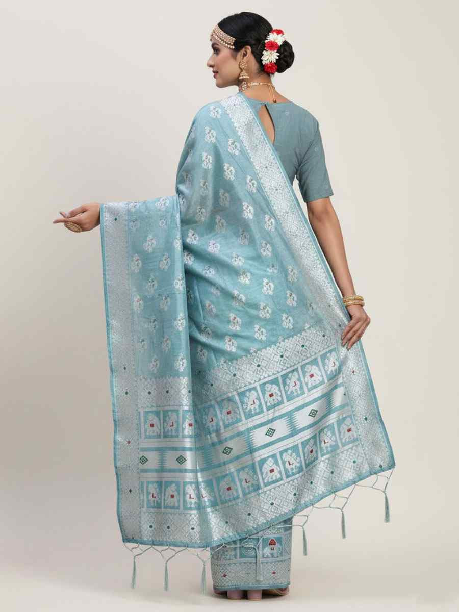 Sky Blue Linen Cotton Handwoven Bridal Reception Festival Wedding Fancy Heavy Border Saree