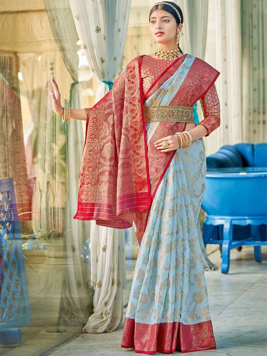 Sky Blue Linen Cotton Handwoven Casual Festival Party Classic Style Sarees