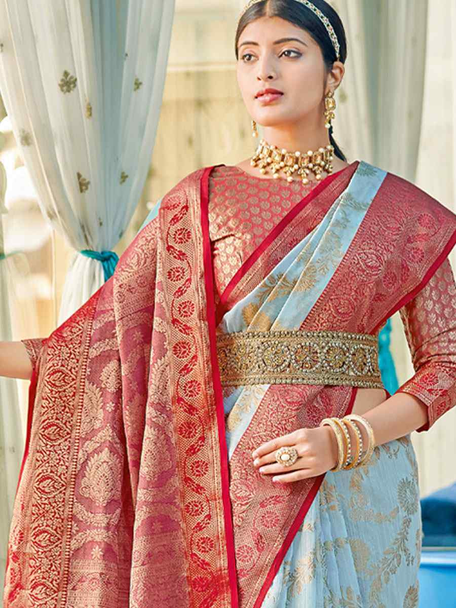 Sky Blue Linen Cotton Handwoven Casual Festival Party Classic Style Sarees