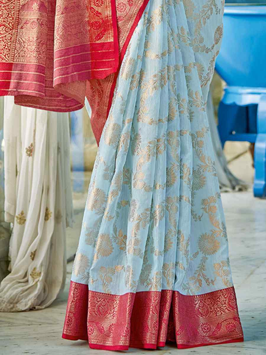 Sky Blue Linen Cotton Handwoven Casual Festival Party Classic Style Sarees