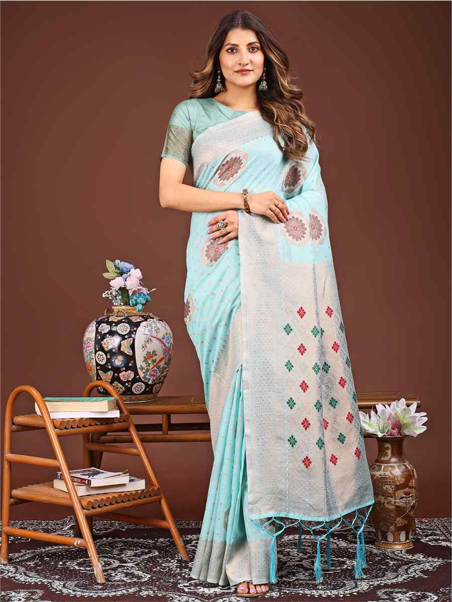 Sky Blue Linen Cotton Handwoven Festival Wedding Fancy Heavy Border Saree