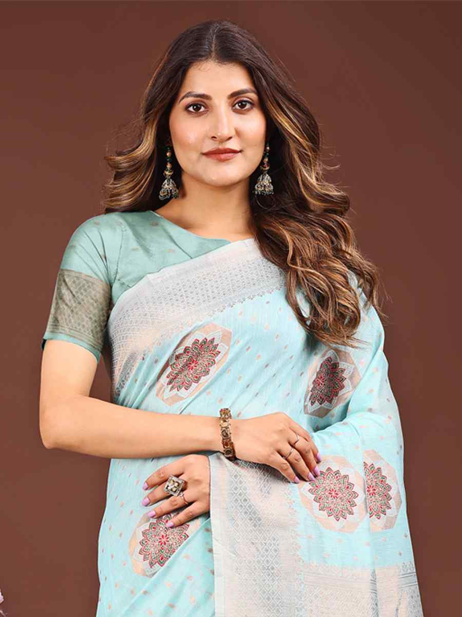 Sky Blue Linen Cotton Handwoven Festival Wedding Fancy Heavy Border Saree