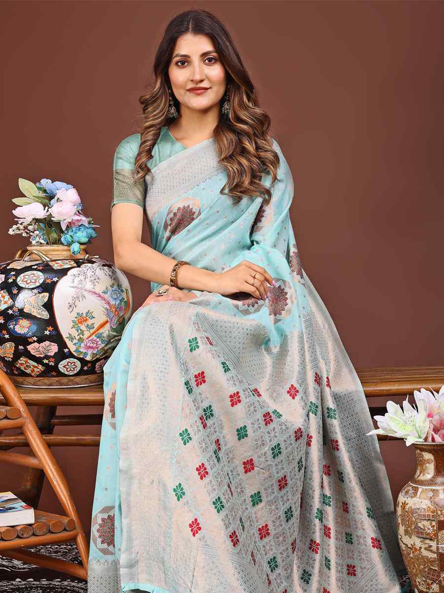 Sky Blue Linen Cotton Handwoven Festival Wedding Fancy Heavy Border Saree
