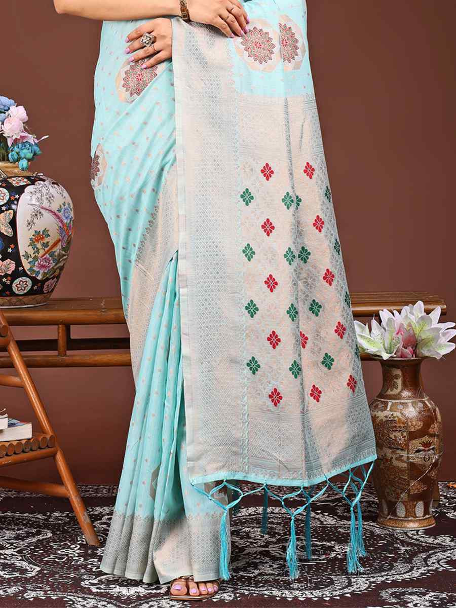 Sky Blue Linen Cotton Handwoven Festival Wedding Fancy Heavy Border Saree