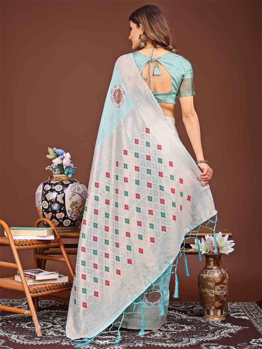 Sky Blue Linen Cotton Handwoven Festival Wedding Fancy Heavy Border Saree