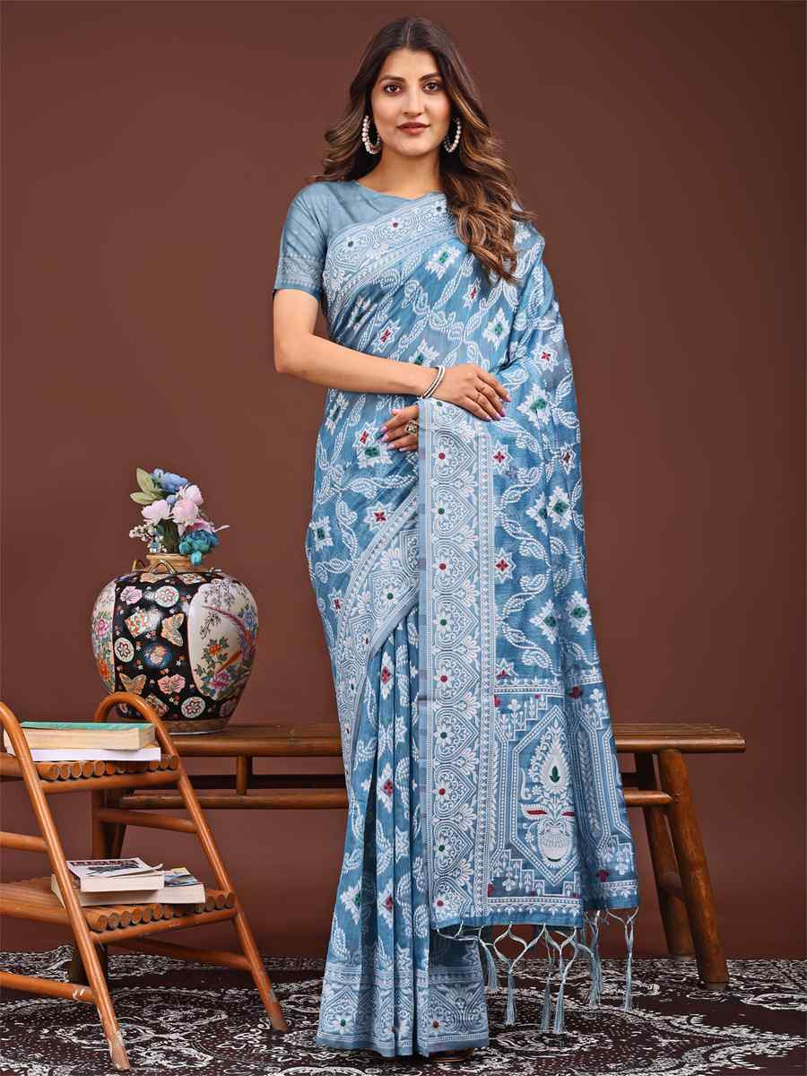 Sky Blue Linen Cotton Handwoven Festival Wedding Fancy Heavy Border Saree