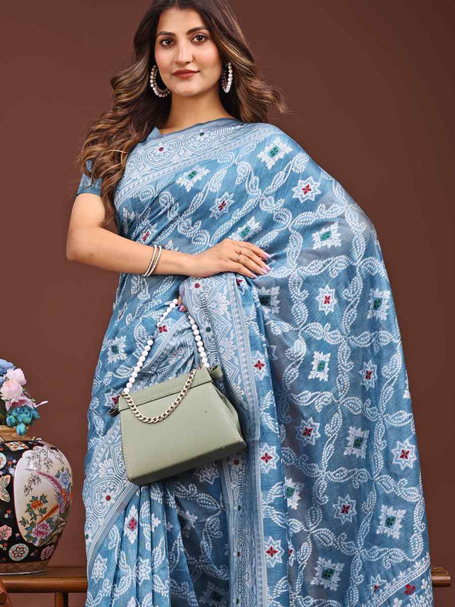Sky Blue Linen Cotton Handwoven Festival Wedding Fancy Heavy Border Saree