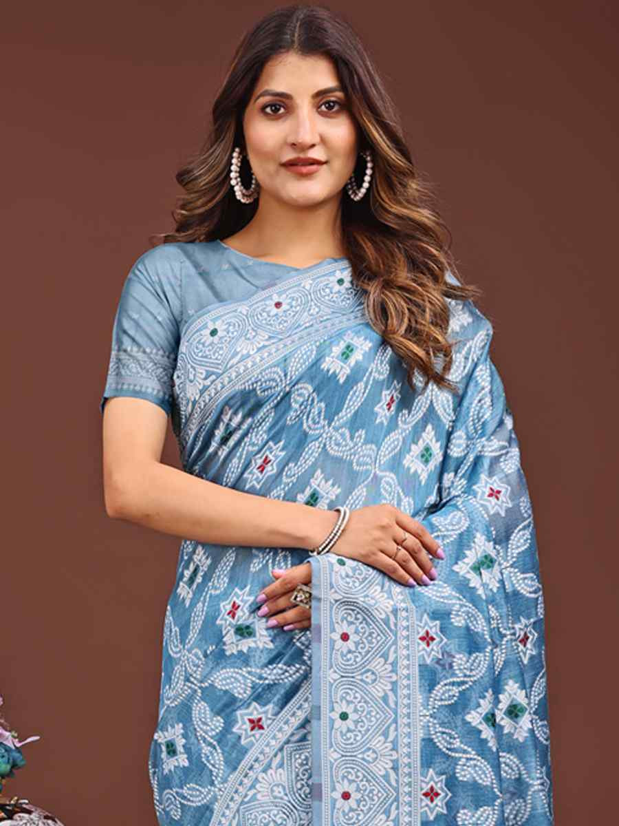 Sky Blue Linen Cotton Handwoven Festival Wedding Fancy Heavy Border Saree