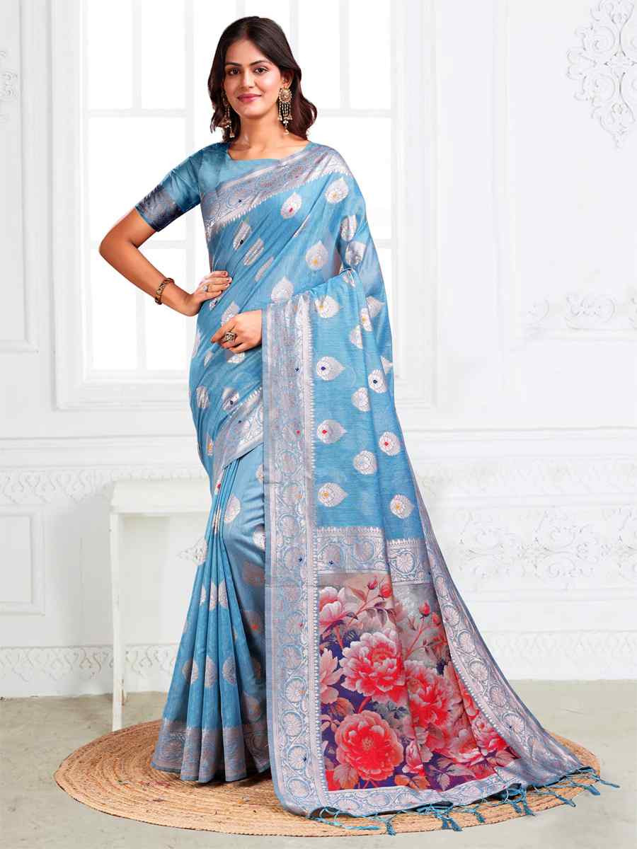 Sky Blue Linen Cotton Handwoven Festival Wedding Fancy Heavy Border Saree